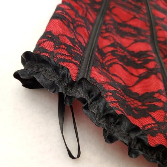 Red Black Corset Floral Lace Bows Boudoir Burlesque Lingerie Plus Size 5XL - Picture 8 of 12